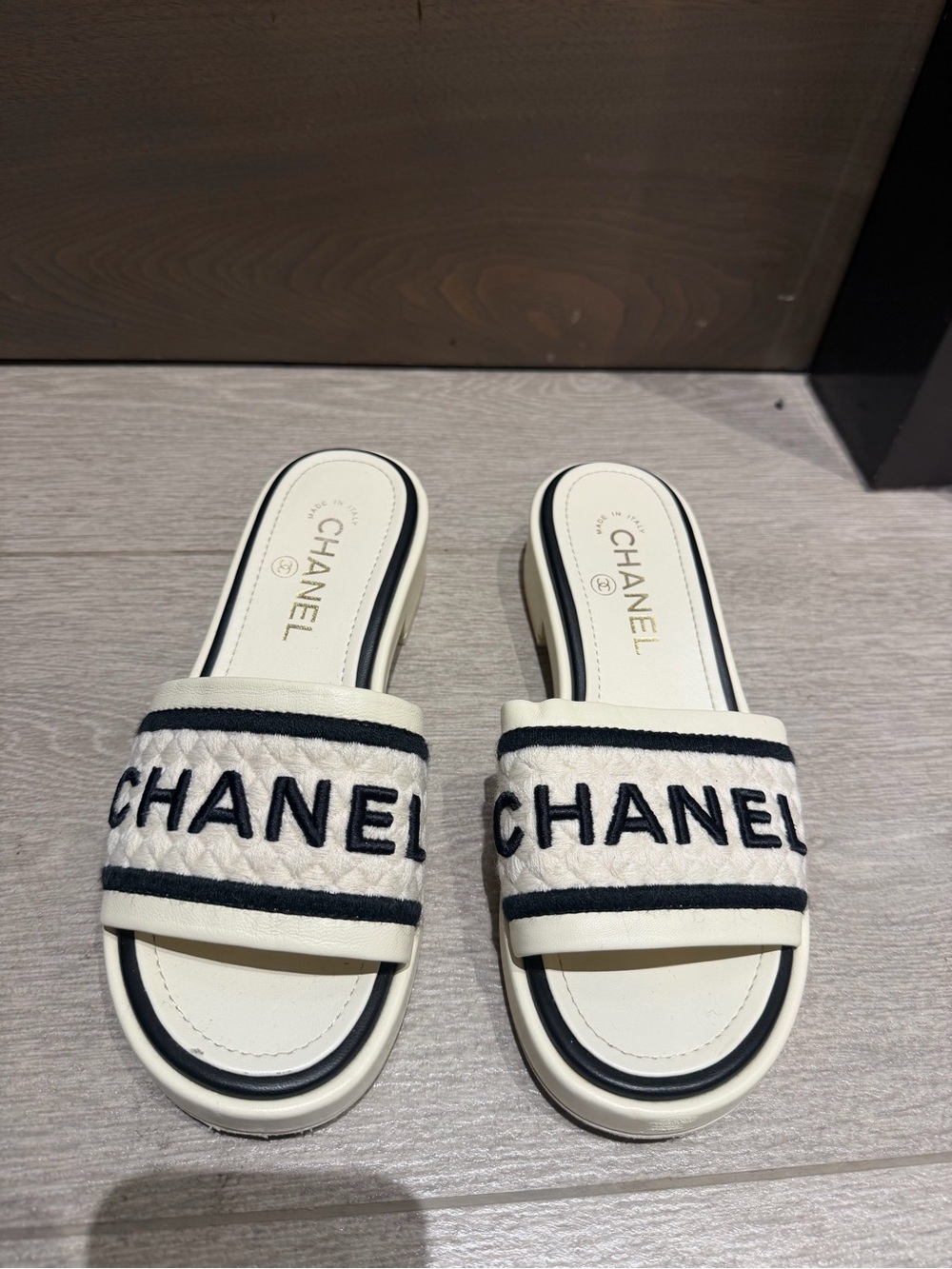 CHANEL Cream & Black Quilted Logo Slide Sandals